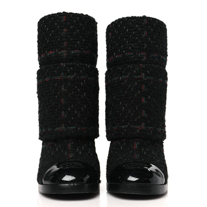 Chanel Tweed Patent CC Cap Toe Fold Over Boots 37 Black 3 of 10