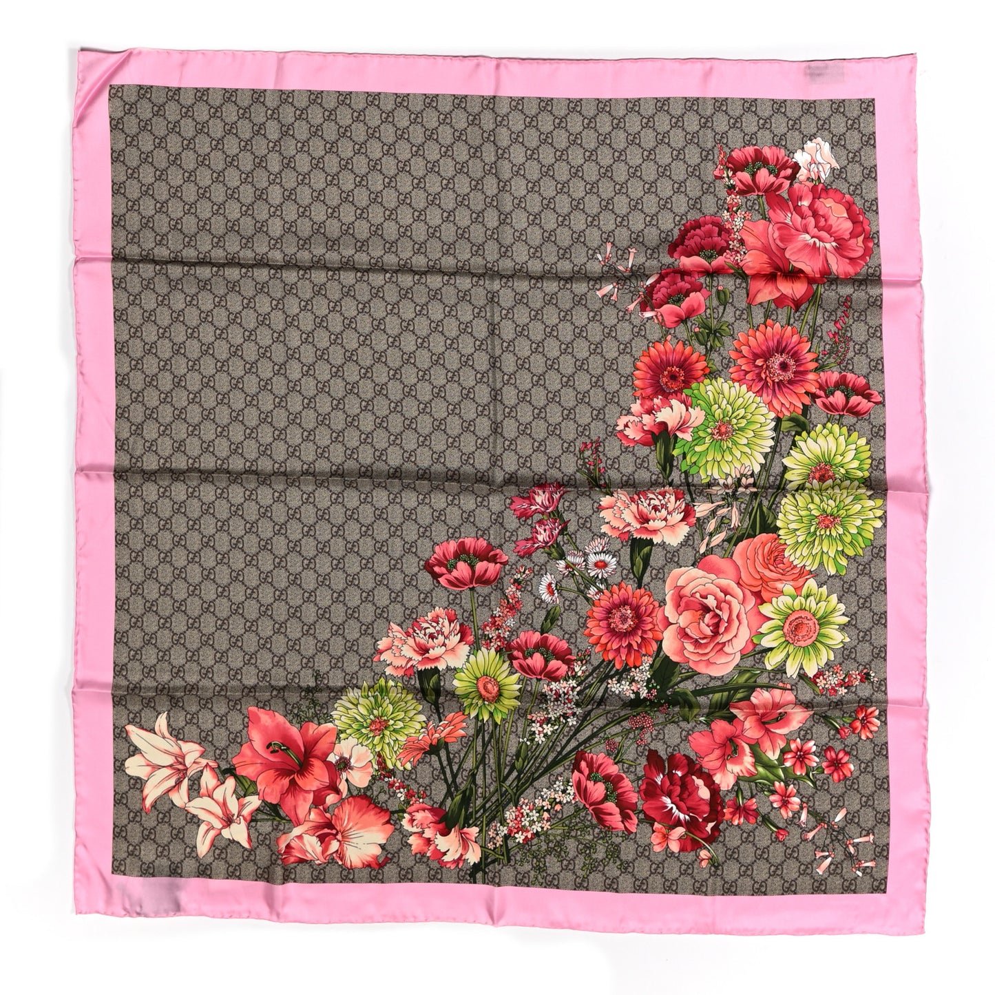 Silk Twill GG Monogram GG Bouquet Spring Square Scarf Beige Pink