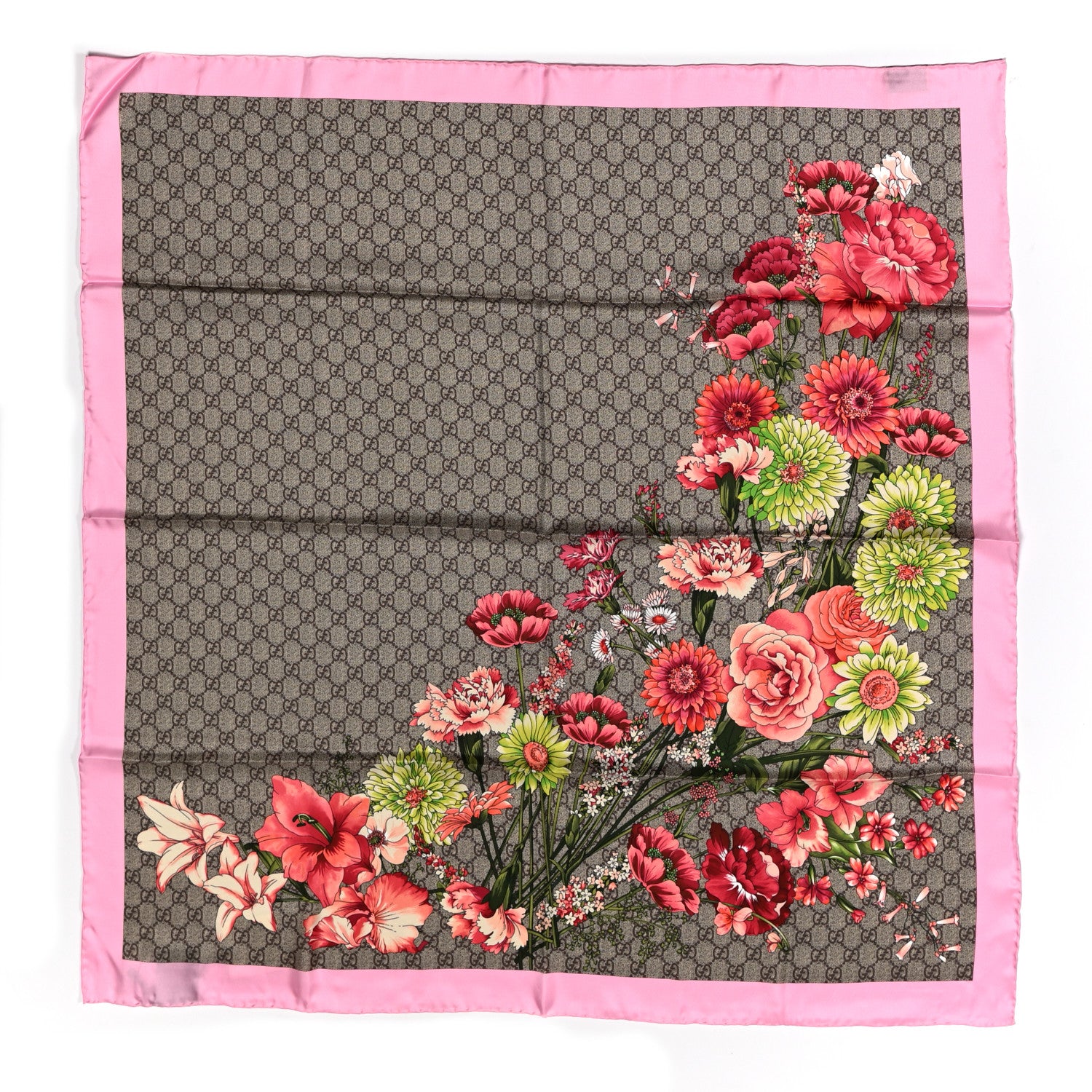 Gucci Silk Twill GG Monogram GG Bouquet Spring Square Scarf Beige Pink 1 of 4