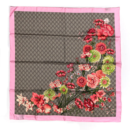 Gucci Silk Twill GG Monogram GG Bouquet Spring Square Scarf Beige Pink 1 of 4