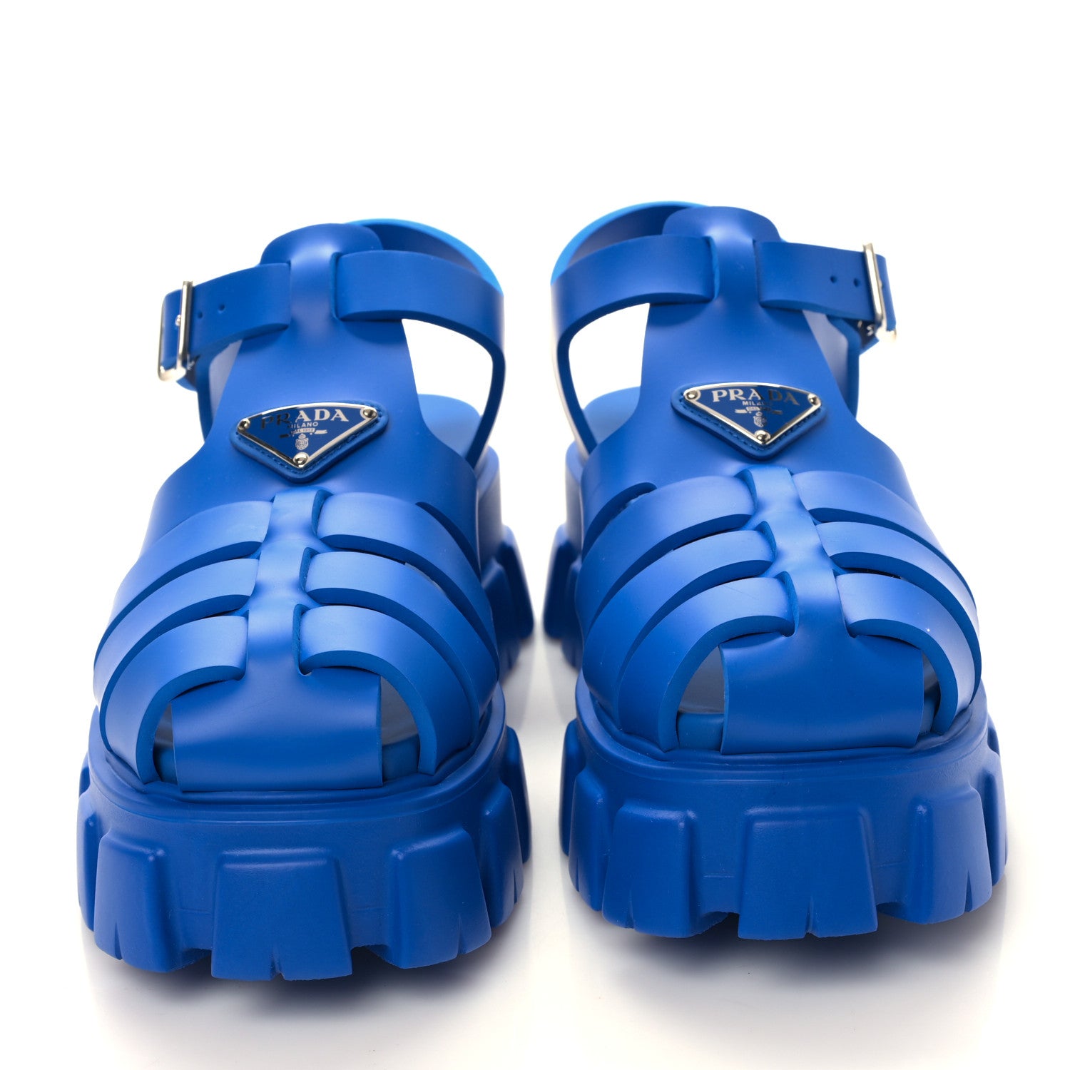 Prada Foam Rubber Metal Triangle Logo Mens Monolith 55mm Cage Sandals 7 Azzurro 2 of 8