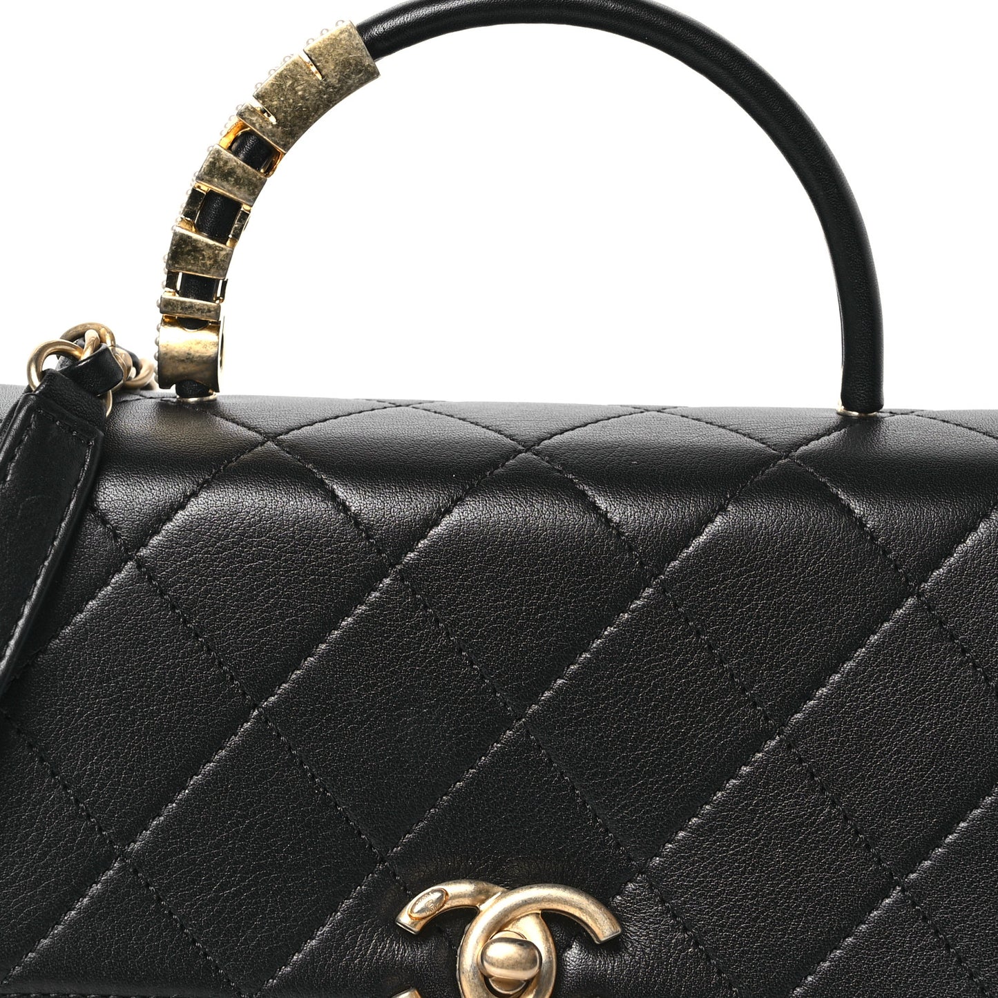 Lambskin Stitched Pearl Logo Top Handle Flap Black