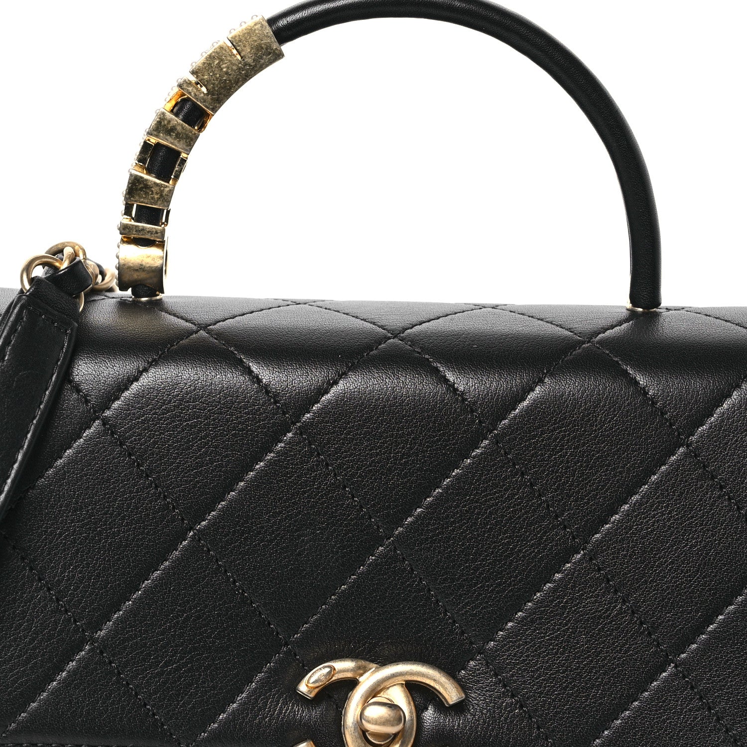 Chanel Lambskin Stitched Pearl Logo Top Handle Flap Black 8 of 12