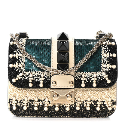 Valentino Garavani Vitello Beaded Mini Glam Lock Rockstud Flap Black Ivory Green 1 of 10