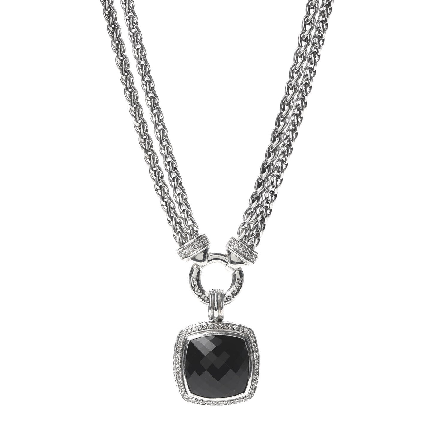 Sterling Silver Diamond Black Onyx 19mm Albion Double Wheat Chain Pendant Necklace