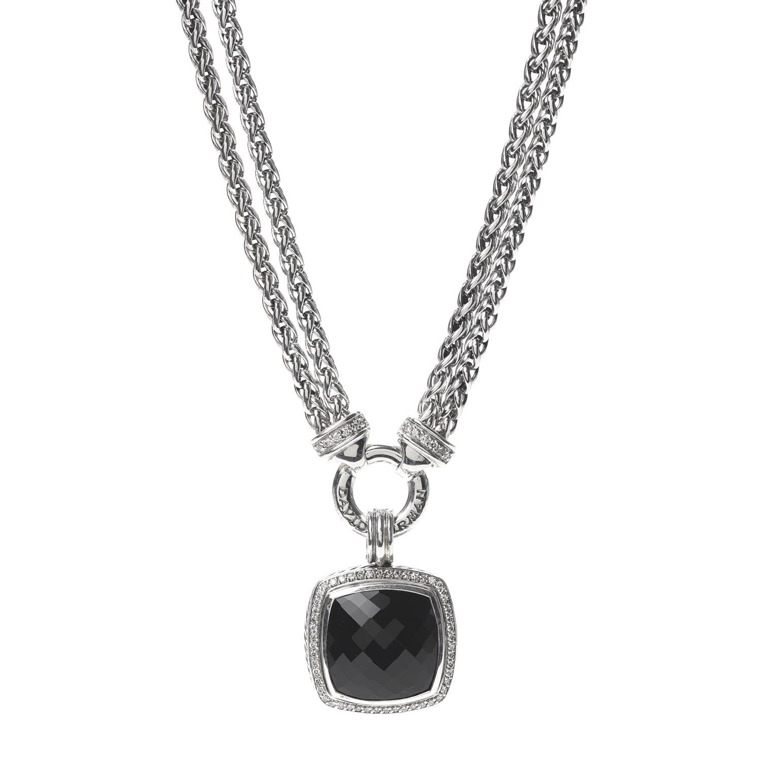 David Yurman Sterling Silver Diamond Black Onyx 19mm Albion Double Wheat Chain Pendant Necklace 1 of 7