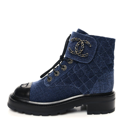 Chanel Shiny Calfskin Velvet Quilted Lace Up Combat Boots 37 Blue 1 of 9