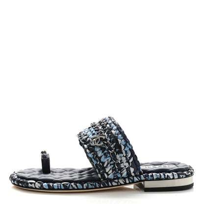 Chanel Lambskin Raffia Chain Flat Sandals 36 Blue Black 1 of 9