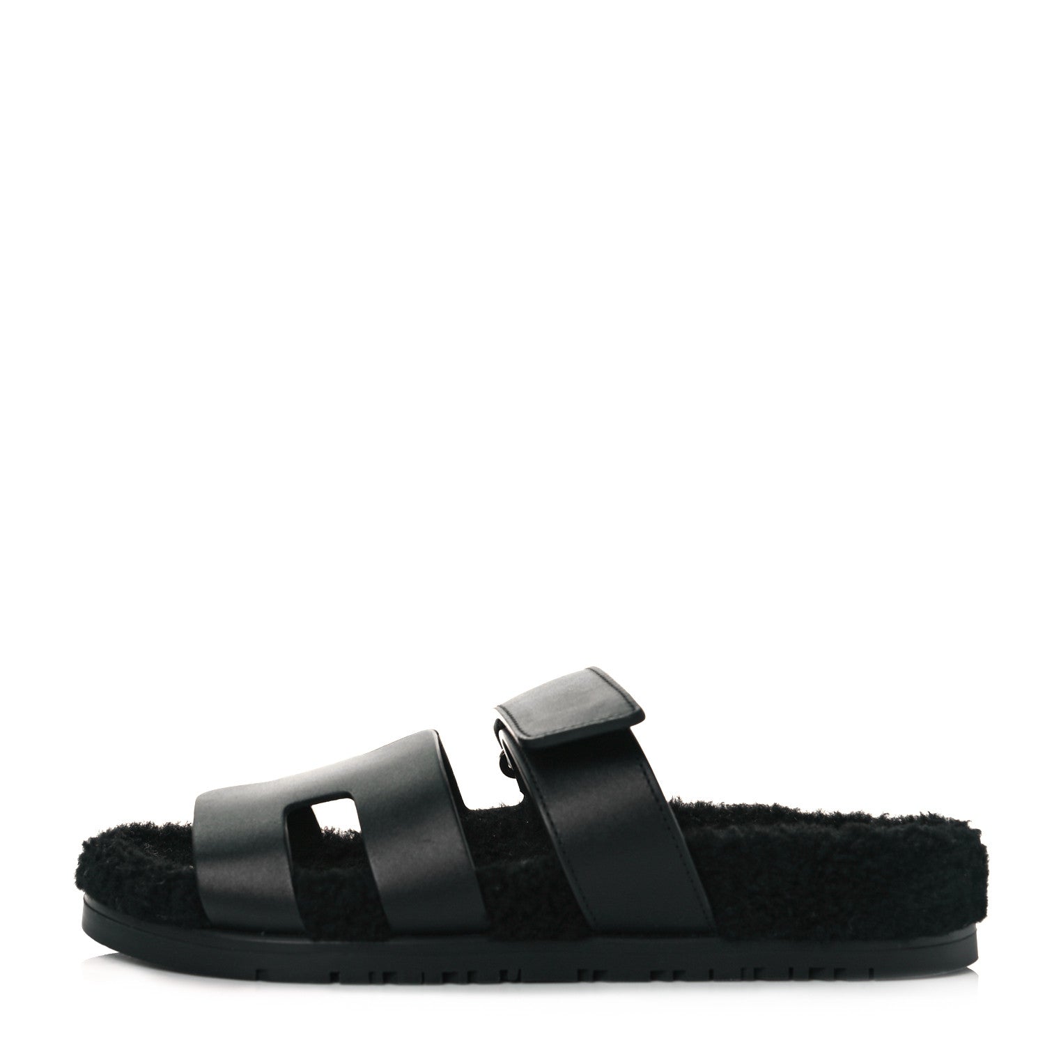 Hermes Calfskin Woolskin Womens Chypre Sandals 37.5 Black 1 of 8