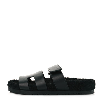 Hermes Calfskin Woolskin Womens Chypre Sandals 37.5 Black 1 of 8
