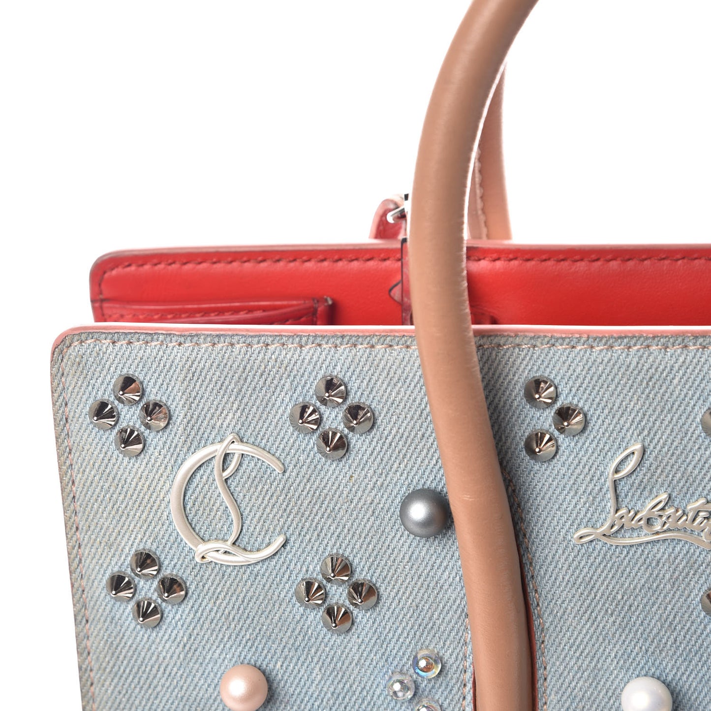 Denim Calfskin Patent Pearl Studded Loubinthesky Medium Paloma Blue