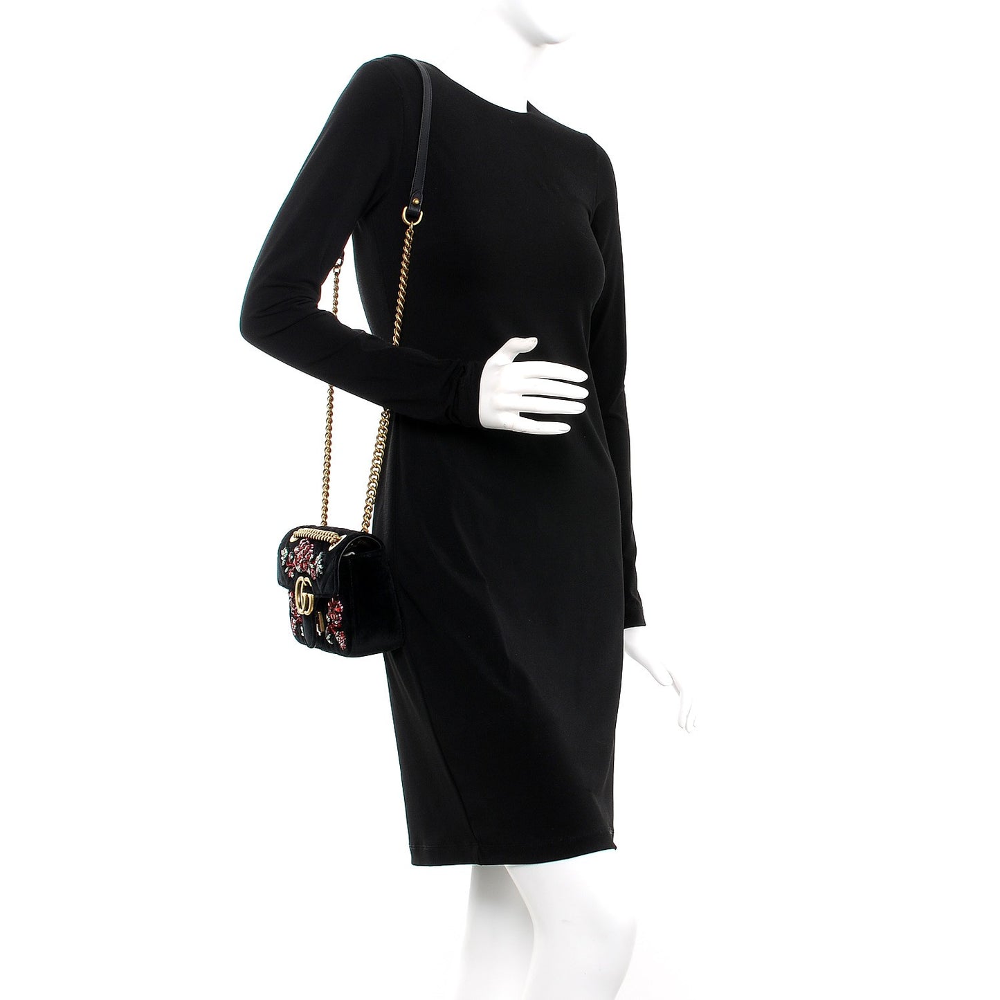 Velvet Matelasse Embroidered Mini GG Marmont Shoulder Bag Black