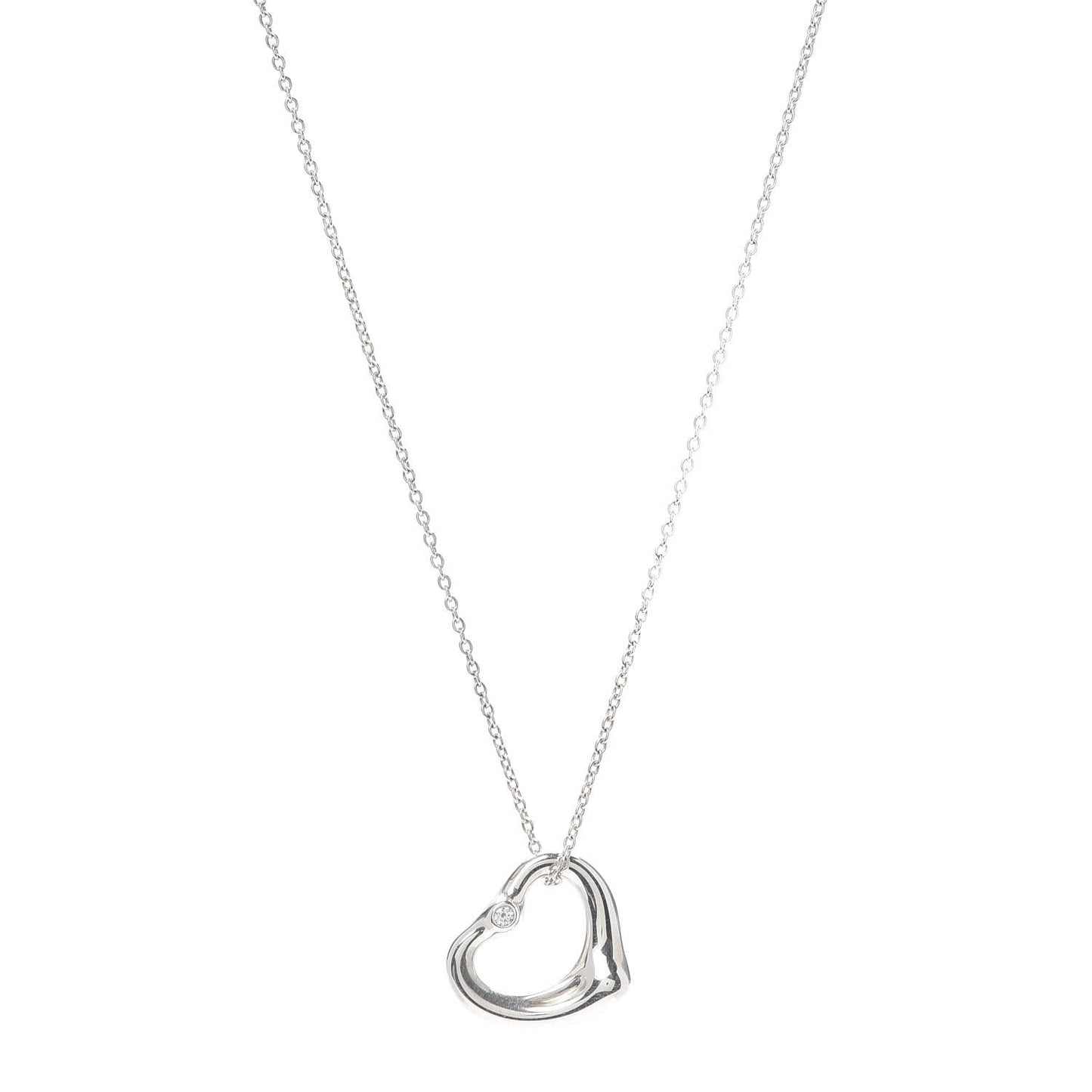 Sterling Silver Diamond 16mm Elsa Peretti Open Heart Pendant Necklace