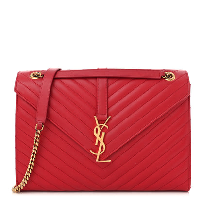 Saint Laurent Smooth Calfskin Matelasse Chevron Large Monogram Satchel Lipstick Red 1 of 13