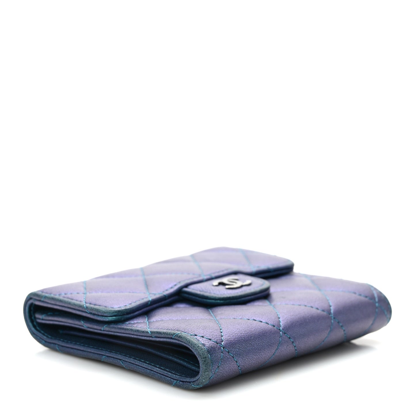 Metallic Lambskin Quilted Compact Flap Wallet Turquoise