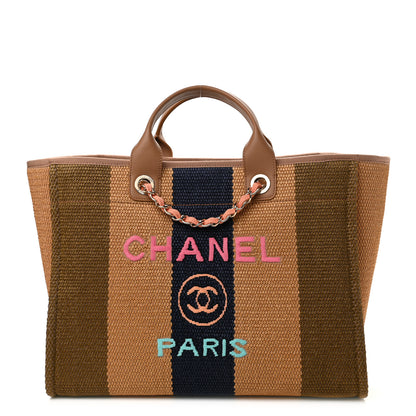 Chanel Straw Raffia Calfskin Striped Large Deauville Tote Khaki Beige Navy Blue 1 of 11