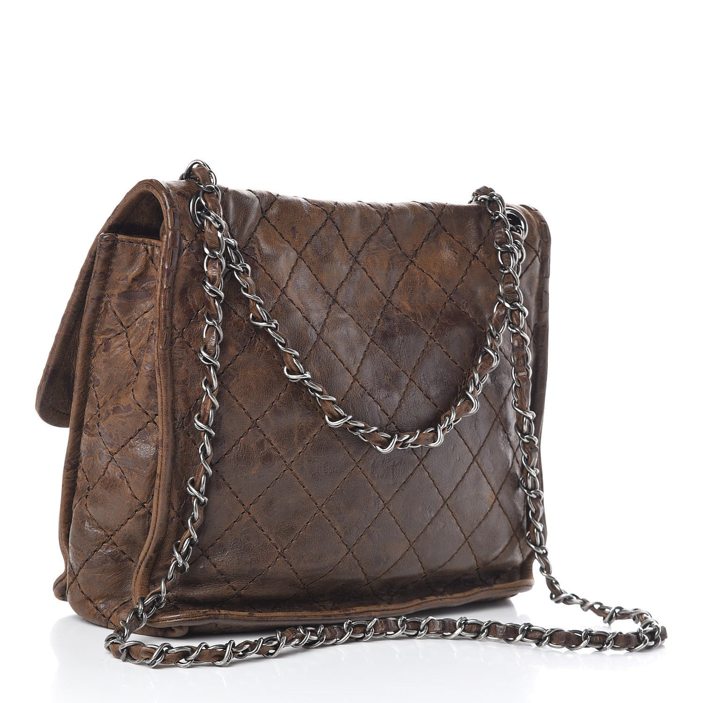 Aged Crumpled Calfskin Small Vintage Flap Brown