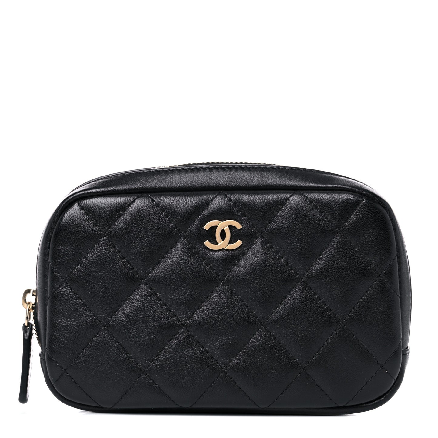 Lambskin Quilted Small Curvy Pouch Cosmetic Case Black