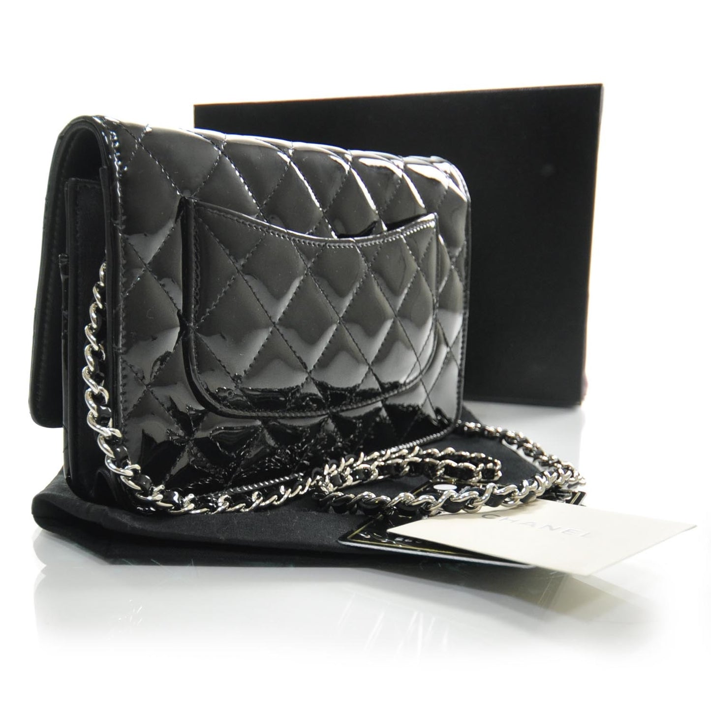 Patent Quilted Wallet On Chain Black