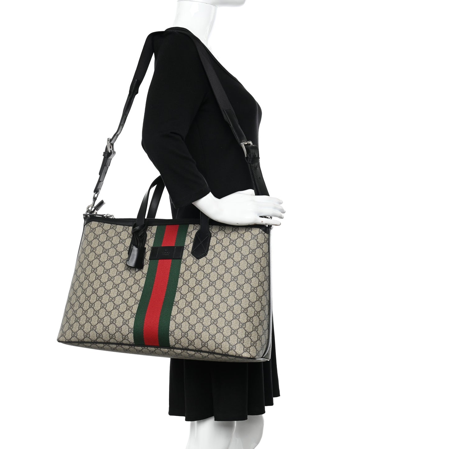 GG Supreme Monogram Web Medium Zippered Tote Beige Black
