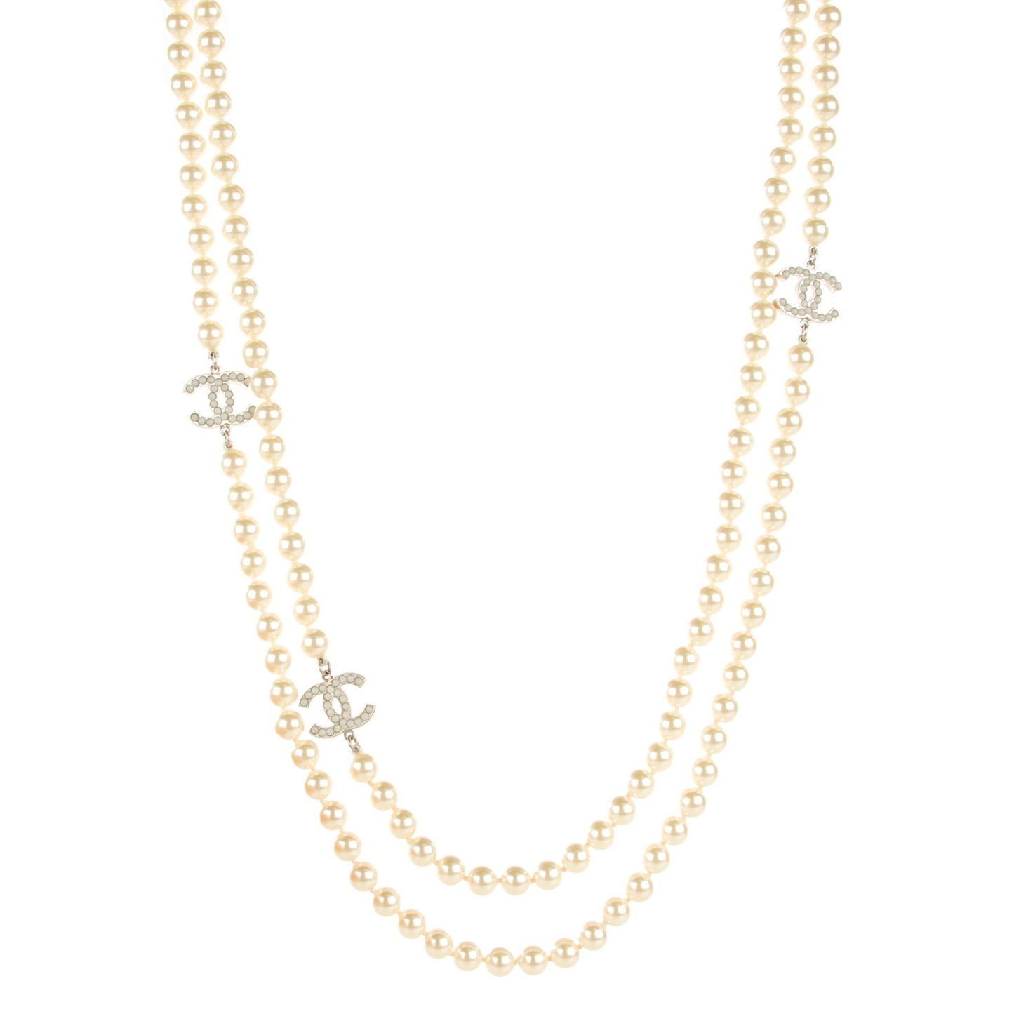 Pearl CC Long Necklace Silver
