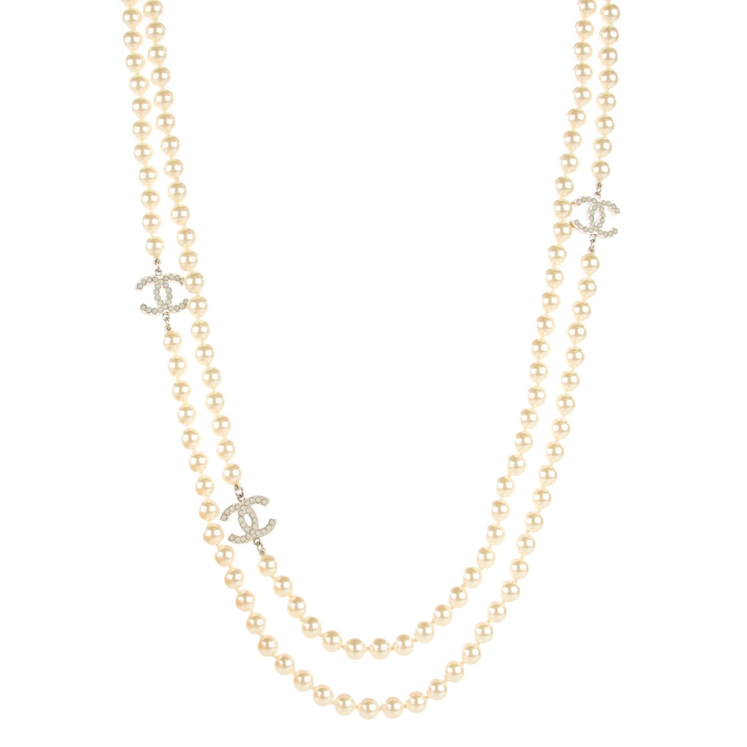 Chanel Pearl CC Long Necklace Silver 1 of 5