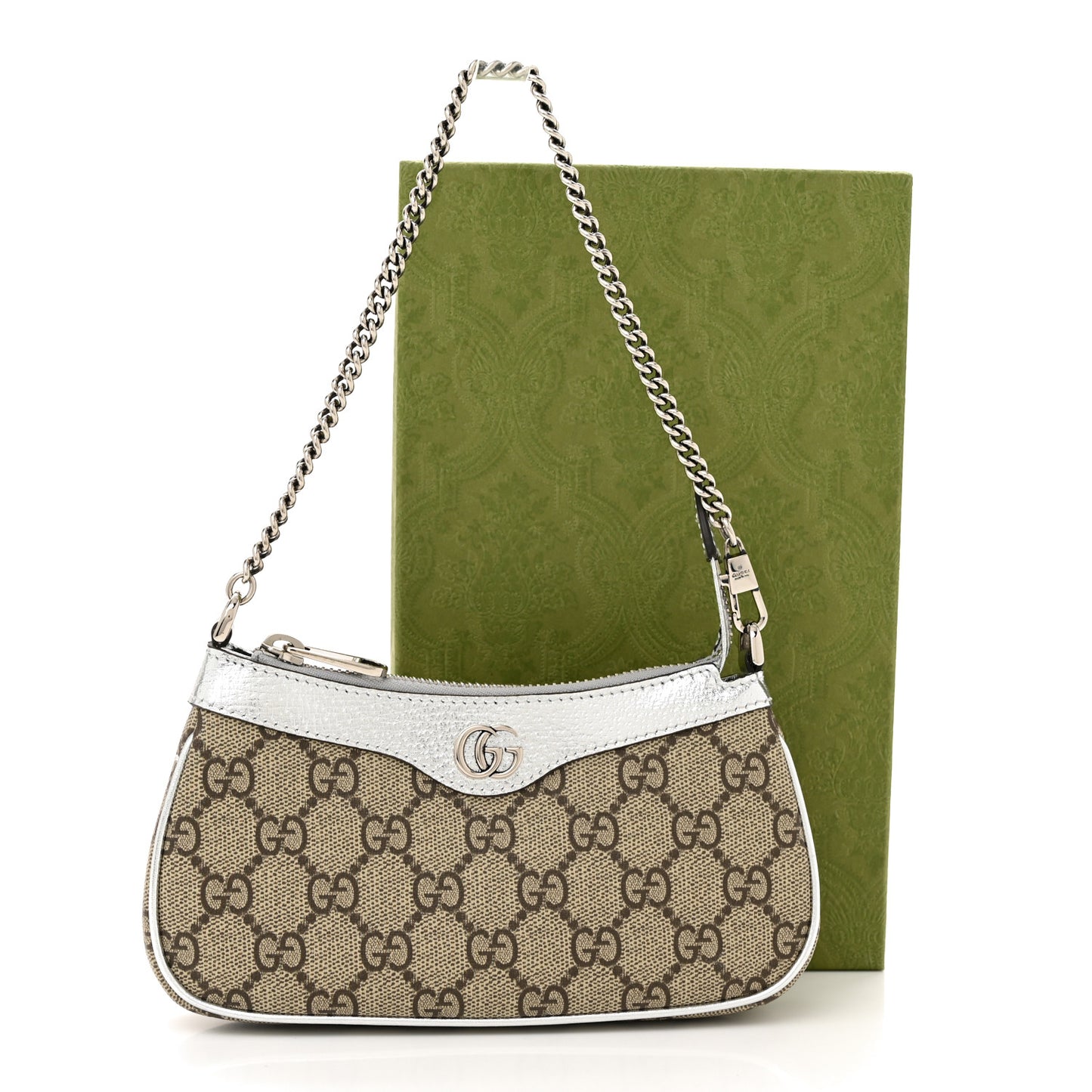 GG Supreme Monogram Lame Textured Dollar Calfskin Mini Ophidia Chain Bag Beige Ebony Silver