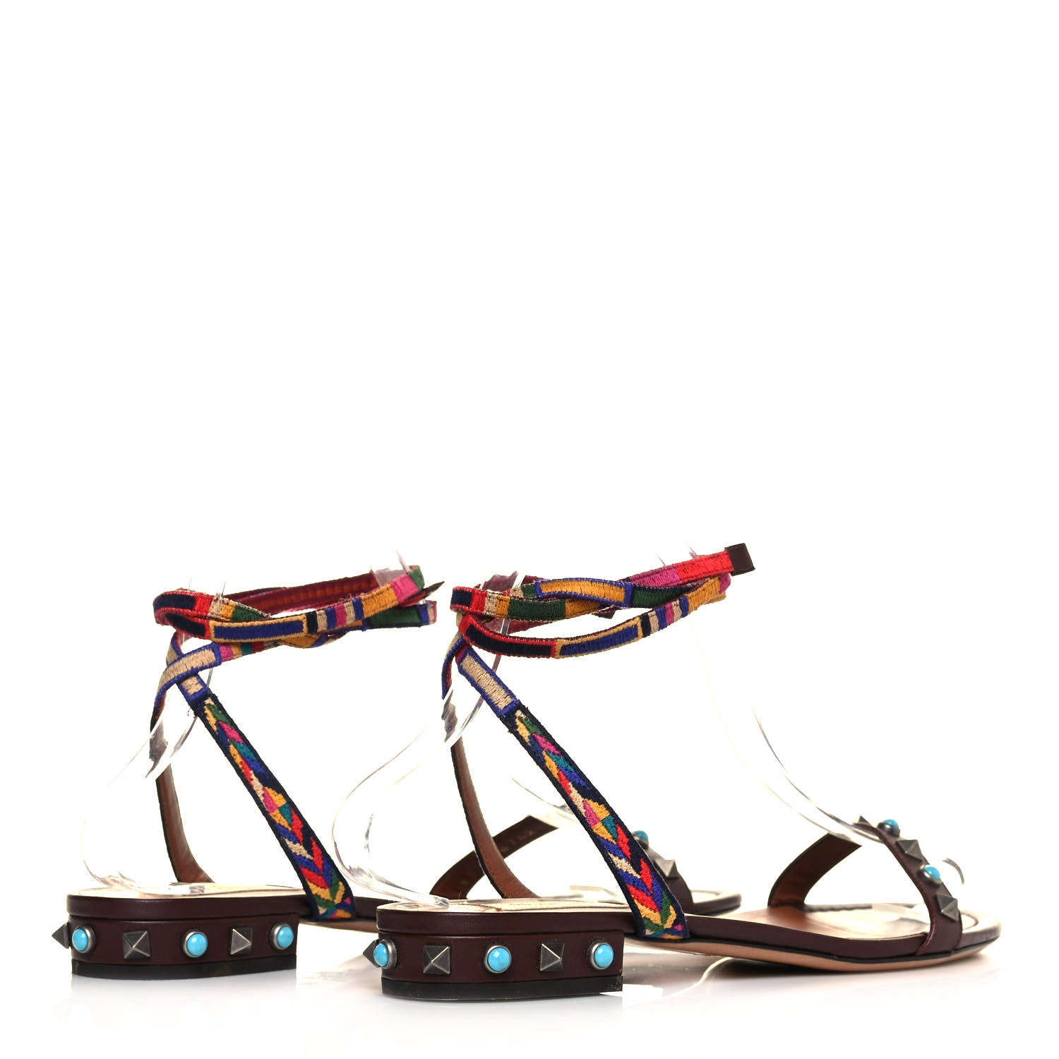 Valentino Garavani Calfskin Embroidered Rockstud Rolling Wrap Sandals 39 Brown 4 of 8