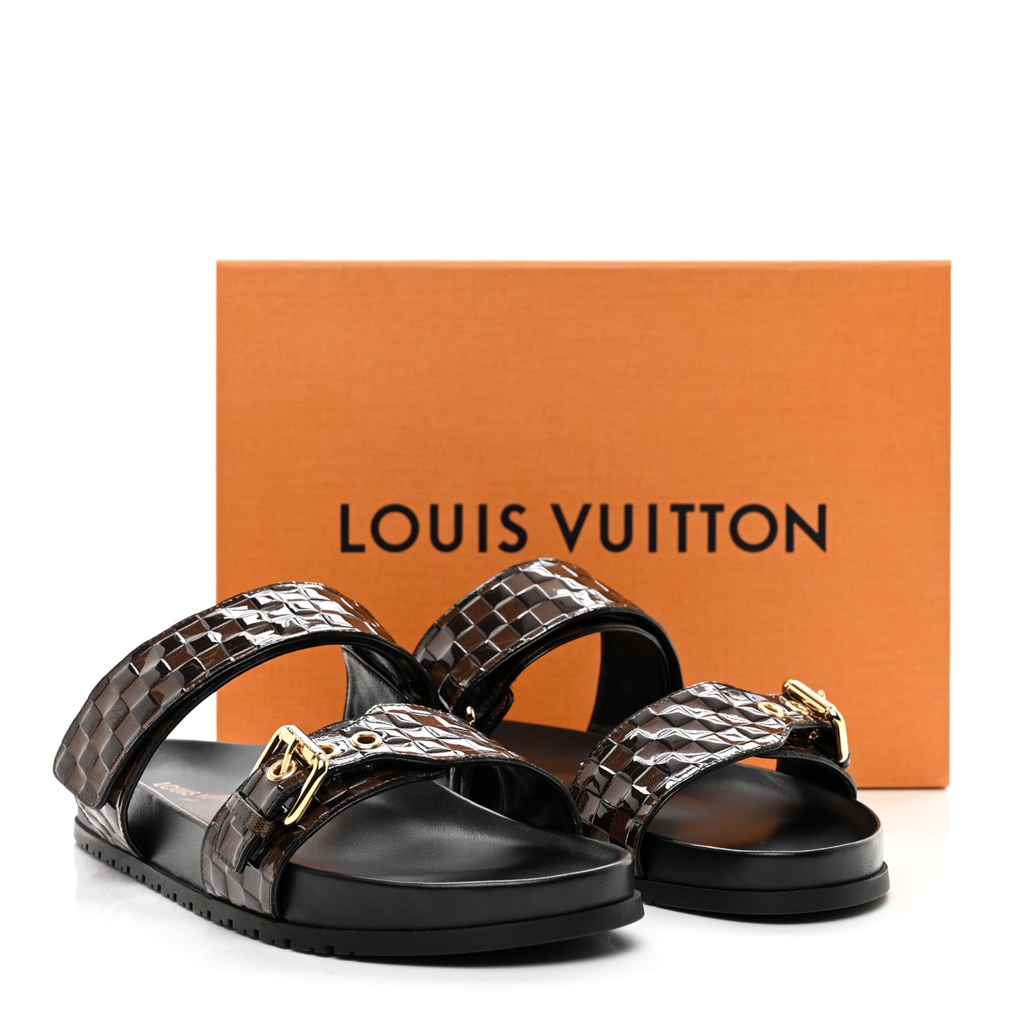 Damier Patent Calfskin Bom Dia Flat Sandals 41 Ebene