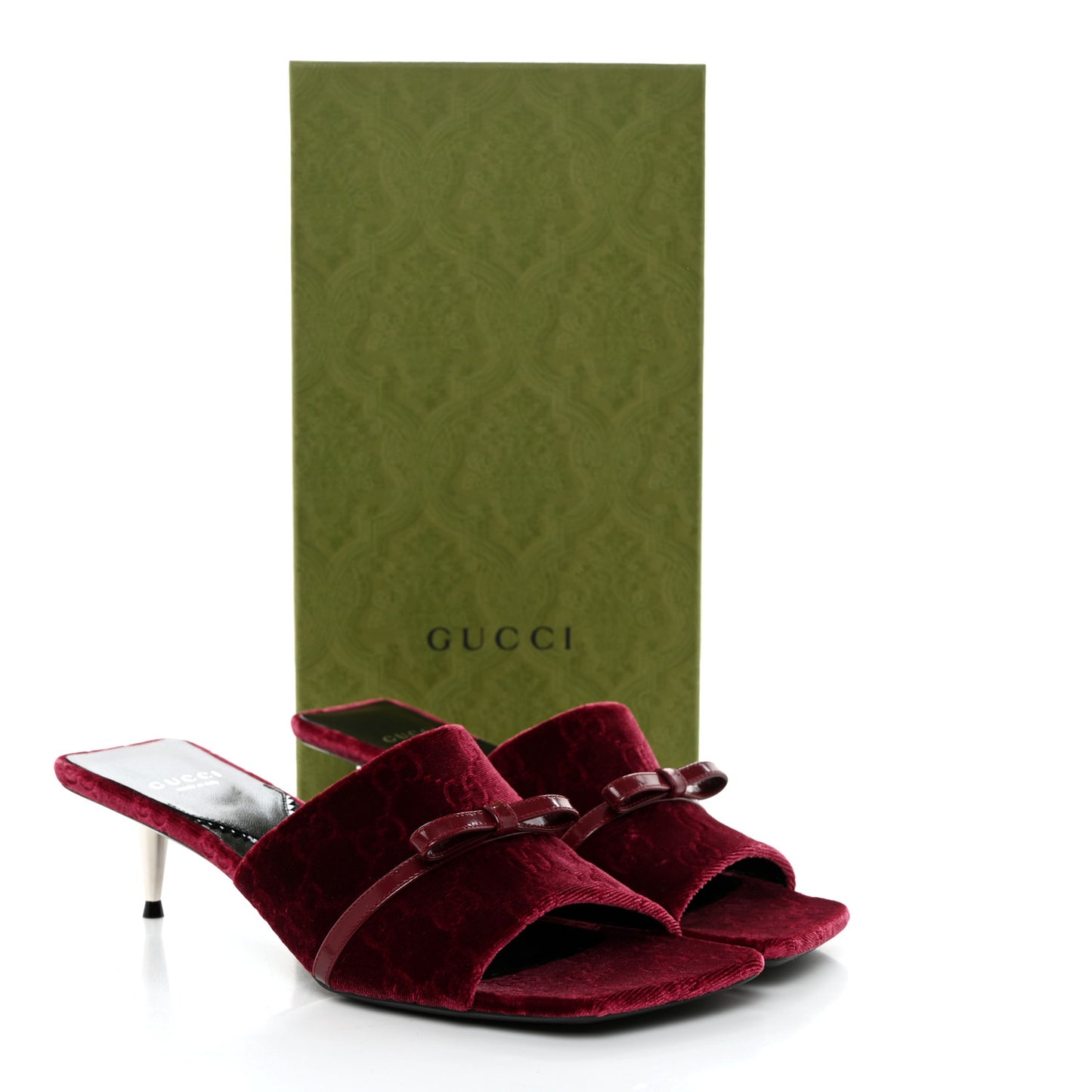 New Velvet Ashmir Regent Calfskin GG Monogram Square Toe Bow 45mm Slide Sandals 39 Red Grape