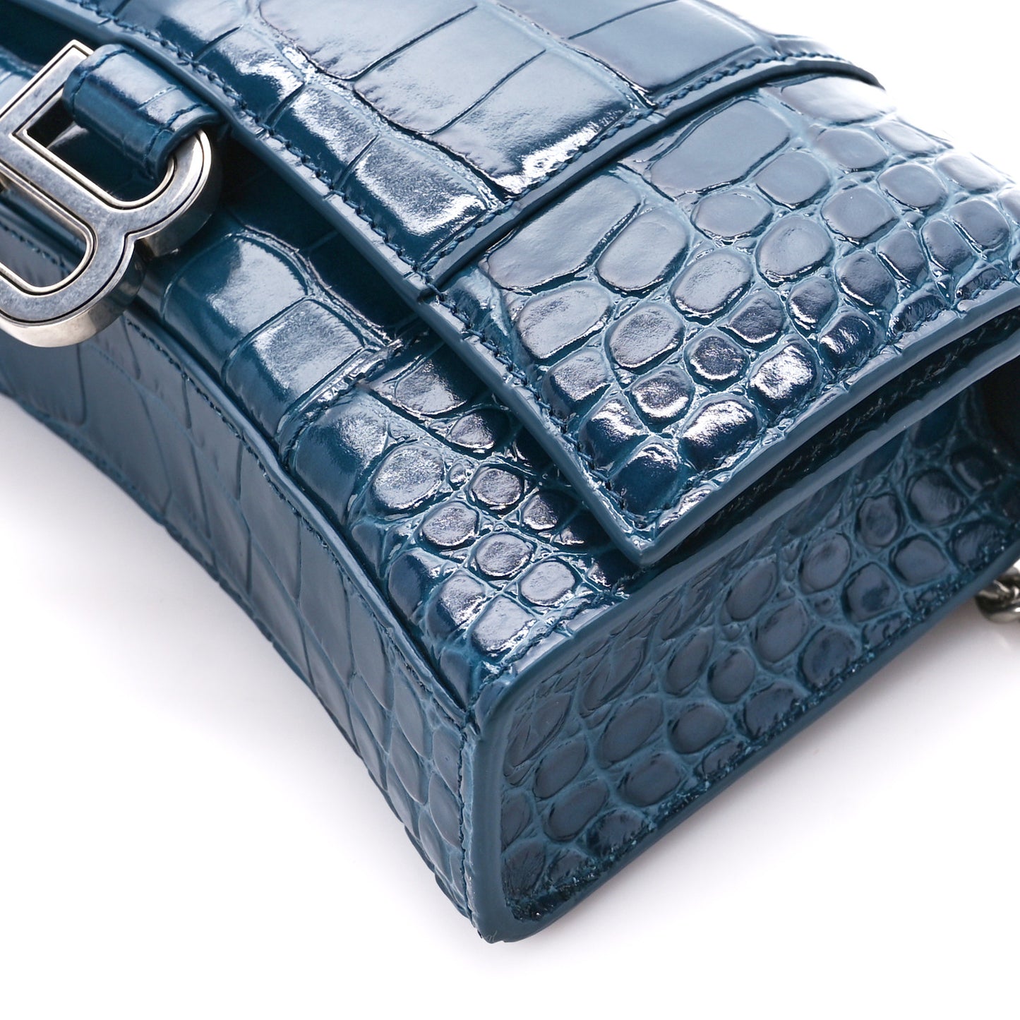 Shiny Calfskin Crocodile Embossed Hourglass Chain Bag Dark Petrol Blue