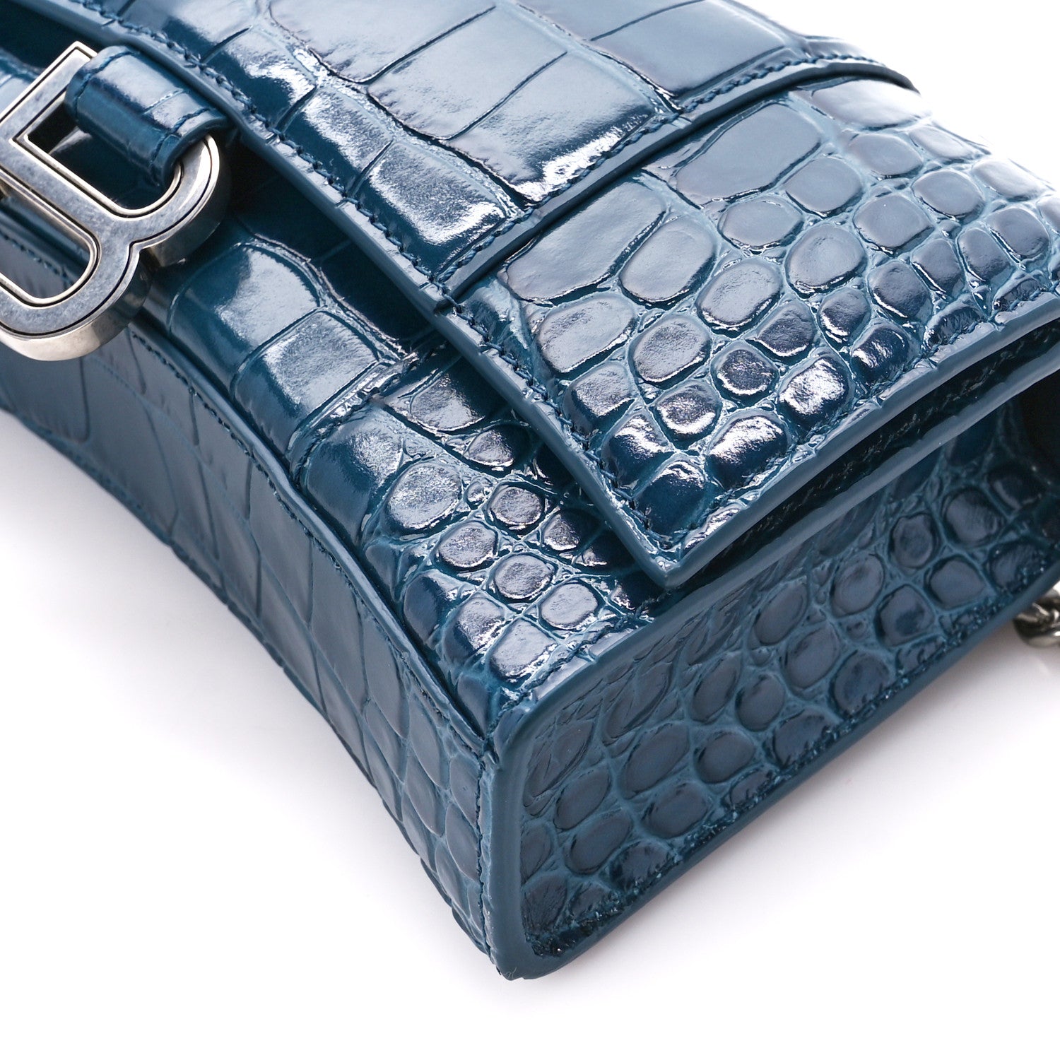 Balenciaga Shiny Calfskin Crocodile Embossed Hourglass Chain Bag Dark Petrol Blue 10 of 11