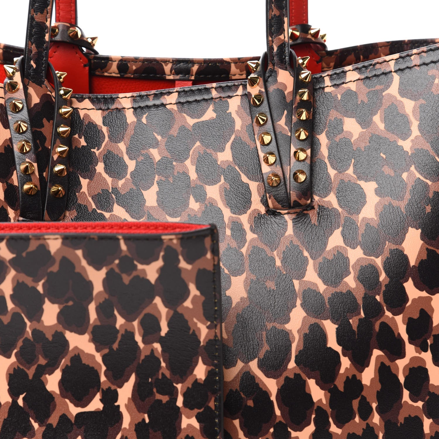 Christian Louboutin Calfskin Leopard Print Spikes Small East West Cabata Tote Brown 10 of 10