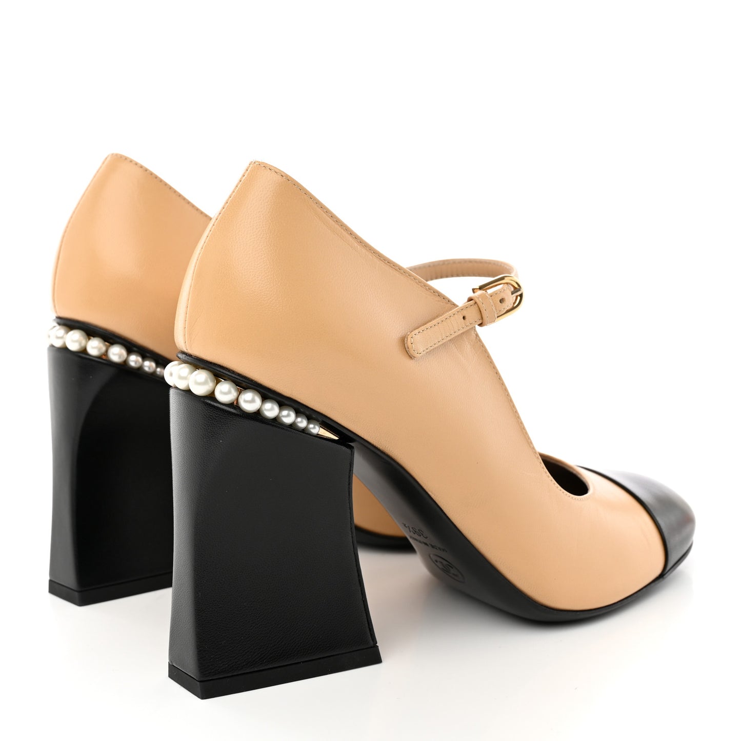 Shiny Goatskin Pearls Cap Toe Open Slingback Pumps 39.5 Beige Black