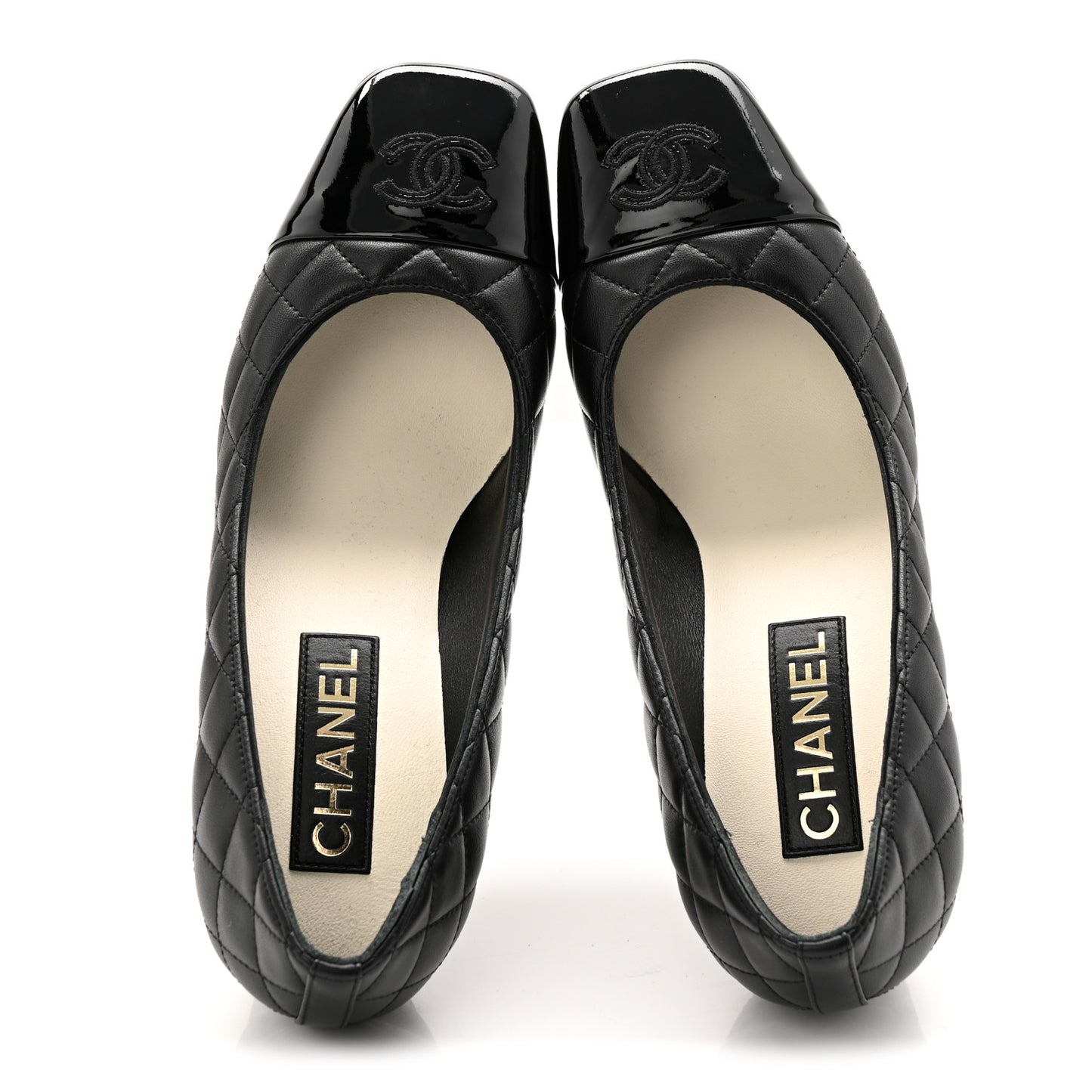 Lambskin Patent Quilted CC Cap Toe Pumps 38.5 Black