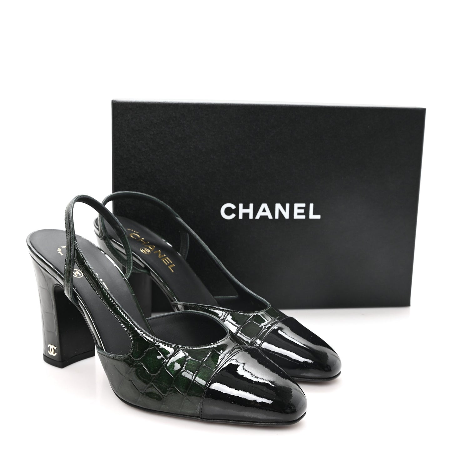 Patent Calfskin Crocodile Embossed Cap Toe CC Slingback 40 Dark Green Black