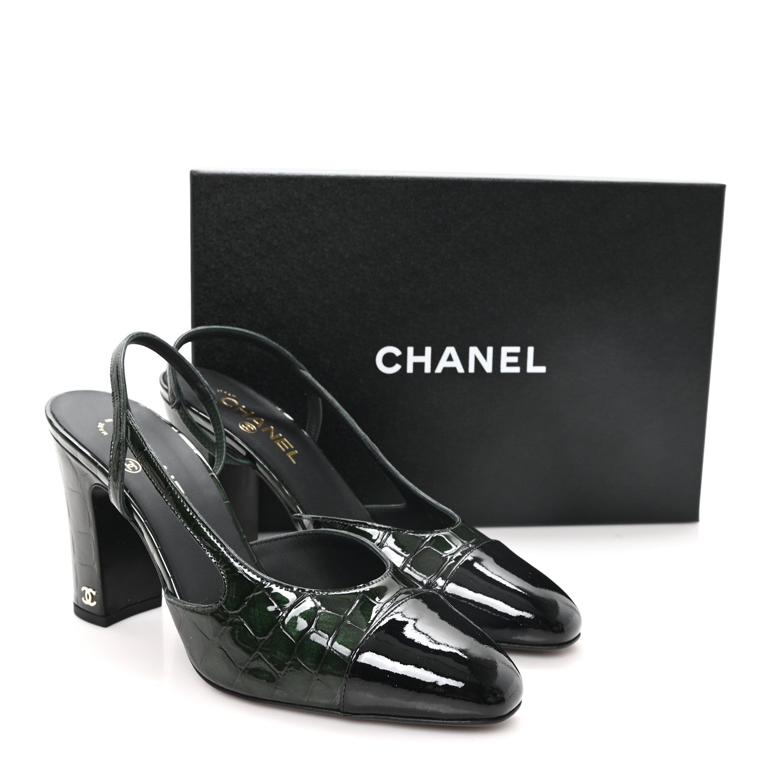 Chanel Patent Calfskin Crocodile Embossed Cap Toe CC Slingback 40 Dark Green Black 10 of 10