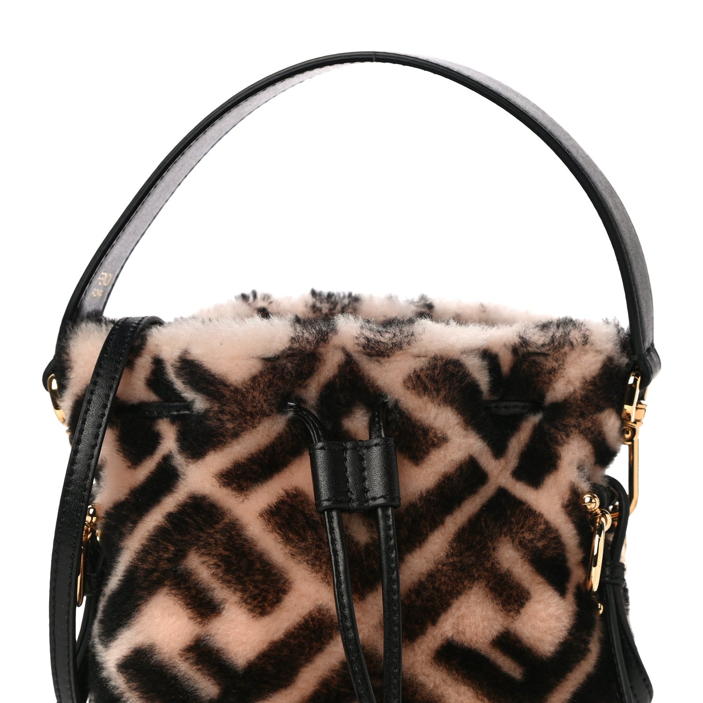 Shearling F is Fendi Macro FF 1974 Diagonal Mini Mon Tresor Bucket Bag Light Rose Black