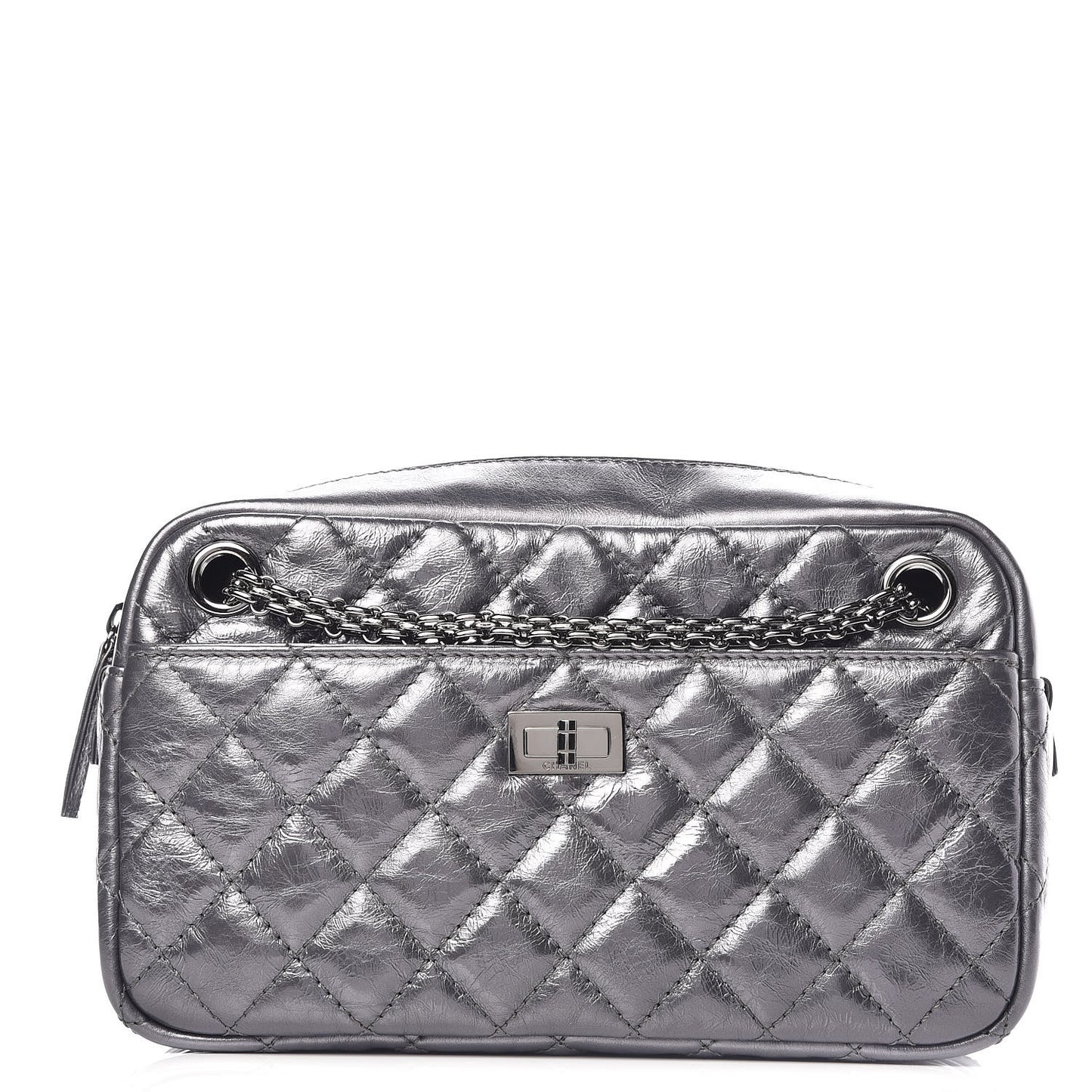 Metallic Aged Calfskin Quilted Medium Reissue Camera Case Dark Silver