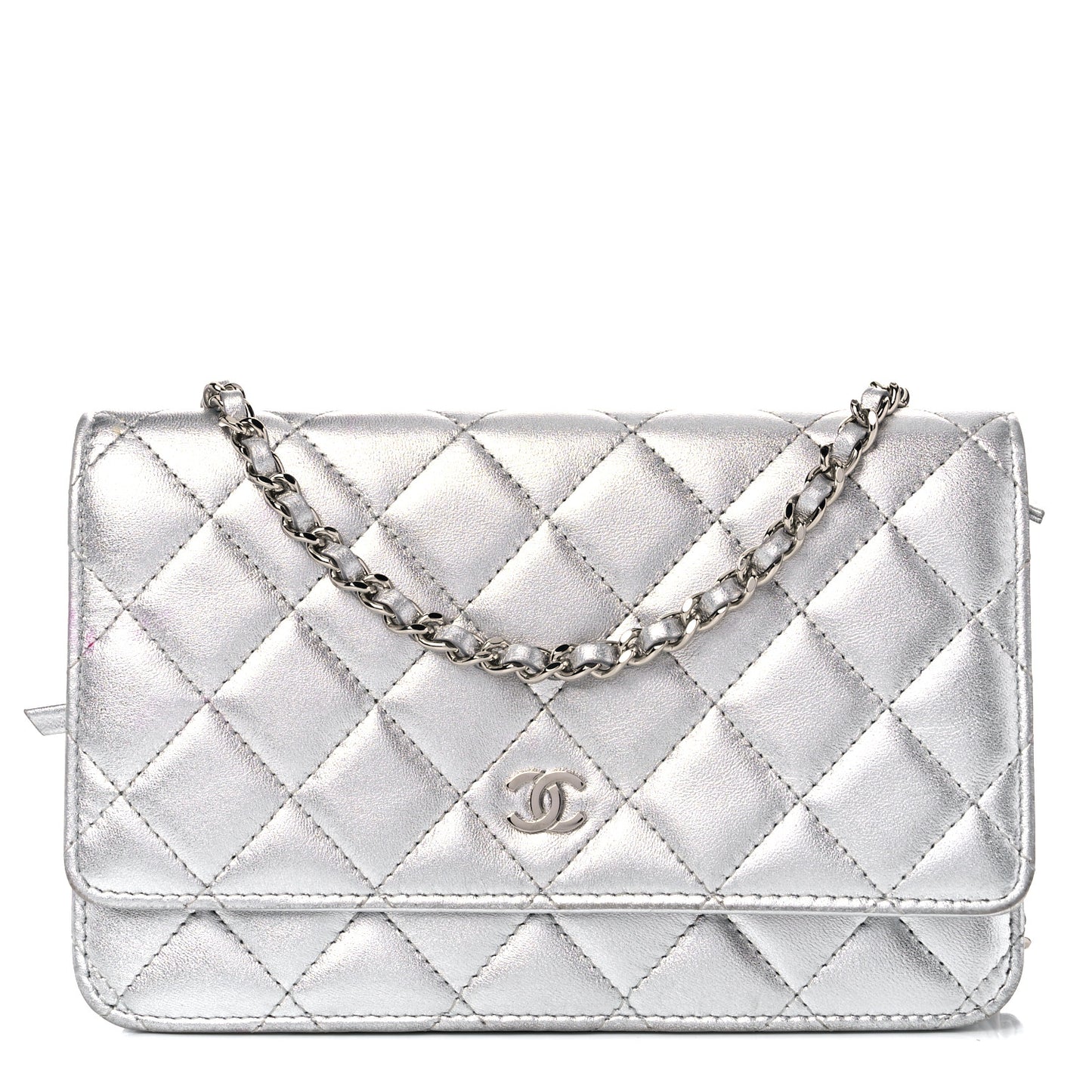 Metallic Lambskin Quilted Wallet On Chain WOC Silver