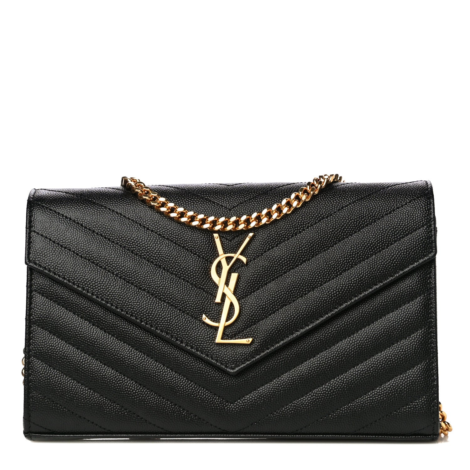 Saint Laurent Grain De Poudre Matelasse Chevron Medium Monogram Chain Wallet Black 1 of 9
