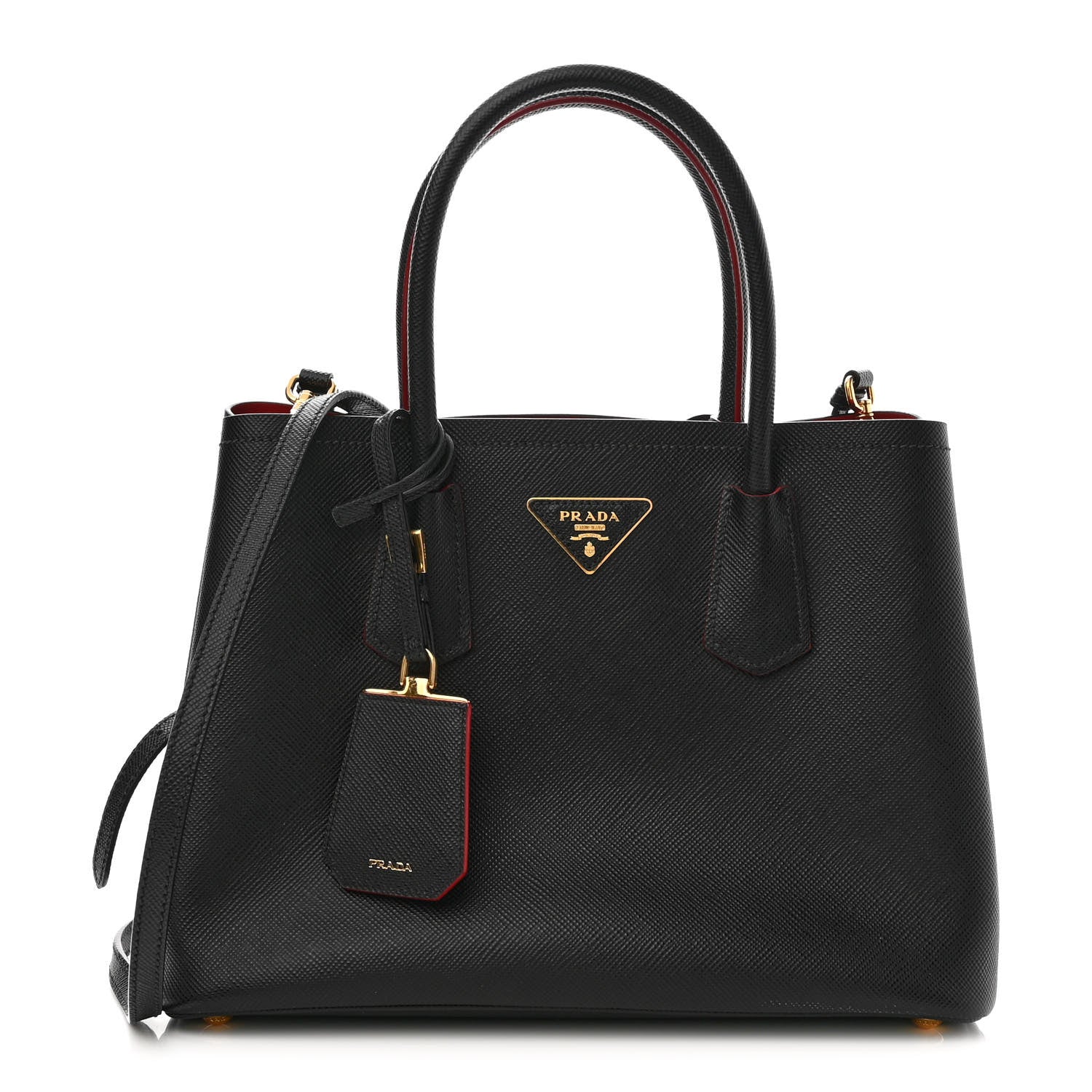 Prada Saffiano Cuir Small Double Bag Black Fuoco 1 of 11