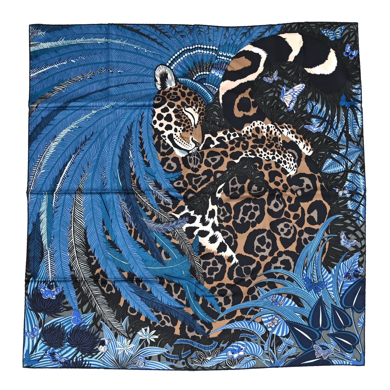 Hermes Silk Jaguar Quetzal Scarf 90 Bleu Jean Camel Marine 1 of 7