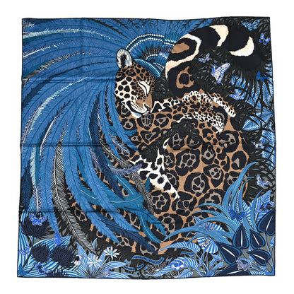 Hermes Silk Jaguar Quetzal Scarf 90 Bleu Jean Camel Marine 1 of 7