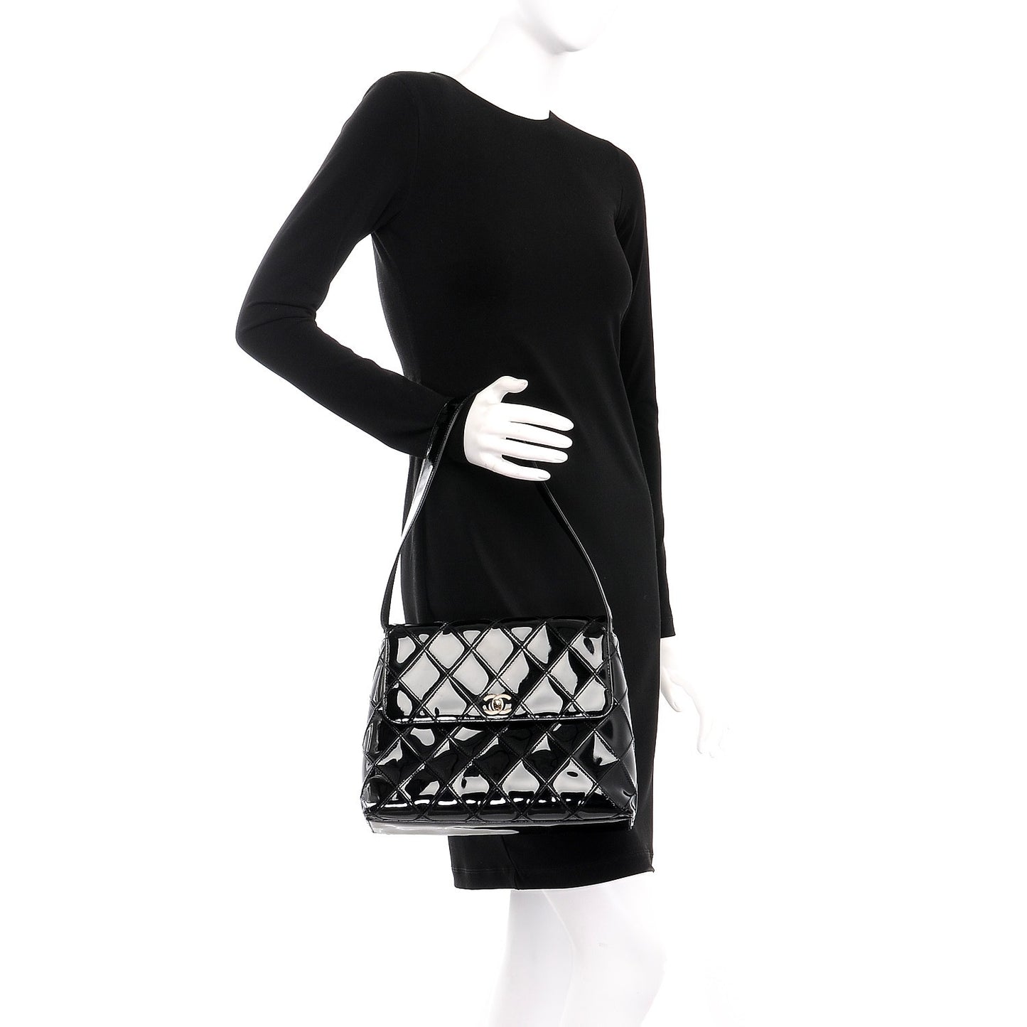 Patent Stitched Shoulder Flap Bag Black