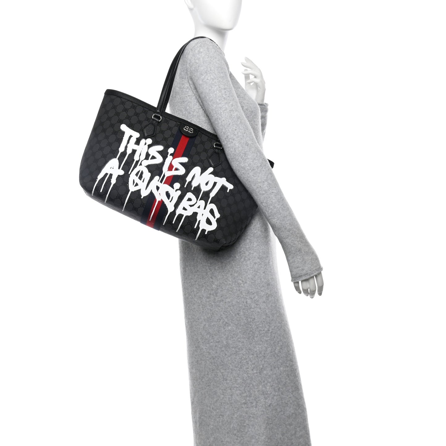 X BALENCIAGA BB Monogram Web Graffiti Medium Ophidia Shopping Tote Black