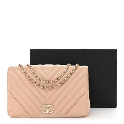 Chanel Metallic Caviar Chevron Quilted Medium Statement Flap Beige 3 of 13
