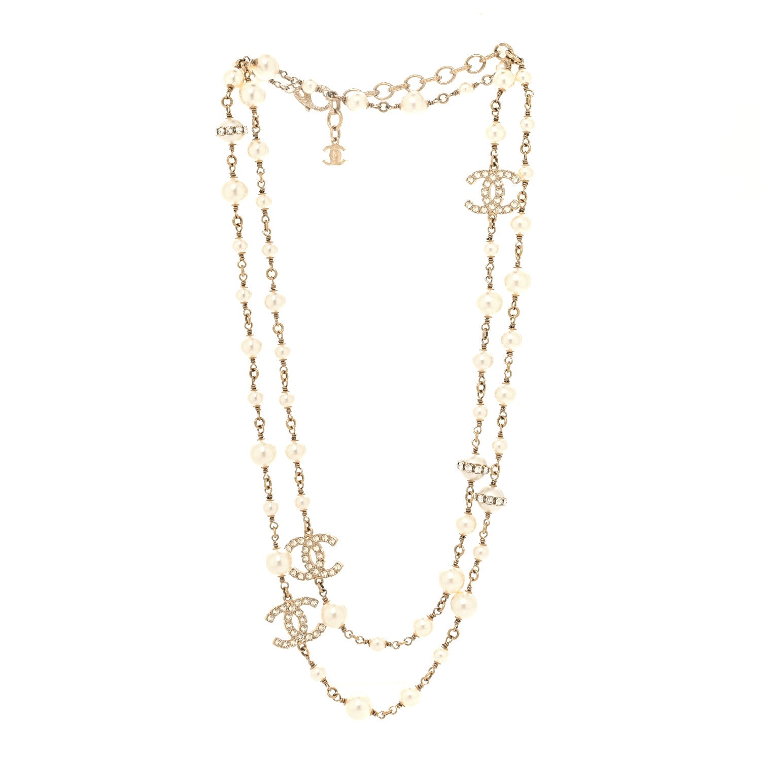 Chanel Crystal Pearl CC Long Necklace Silver 3 of 5