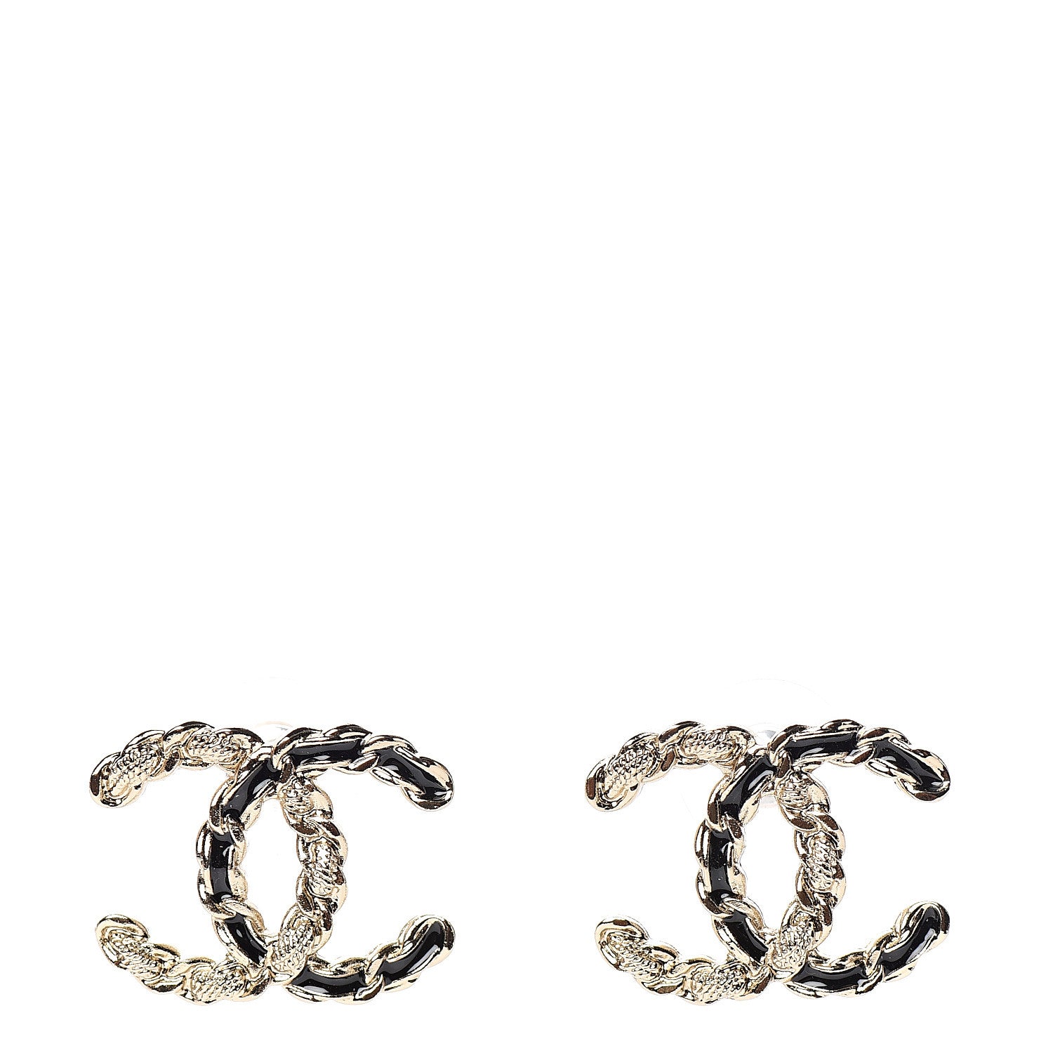 Chanel Enamel Metal Chain French New Wave CC Earrings Black Gold 1 of 5