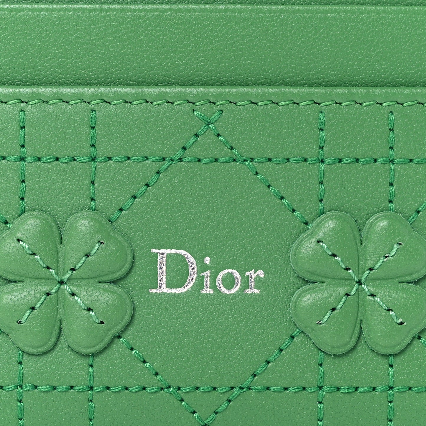 Lambskin Cannage Clover Embroidered Jardin Freesia Card Holder Green